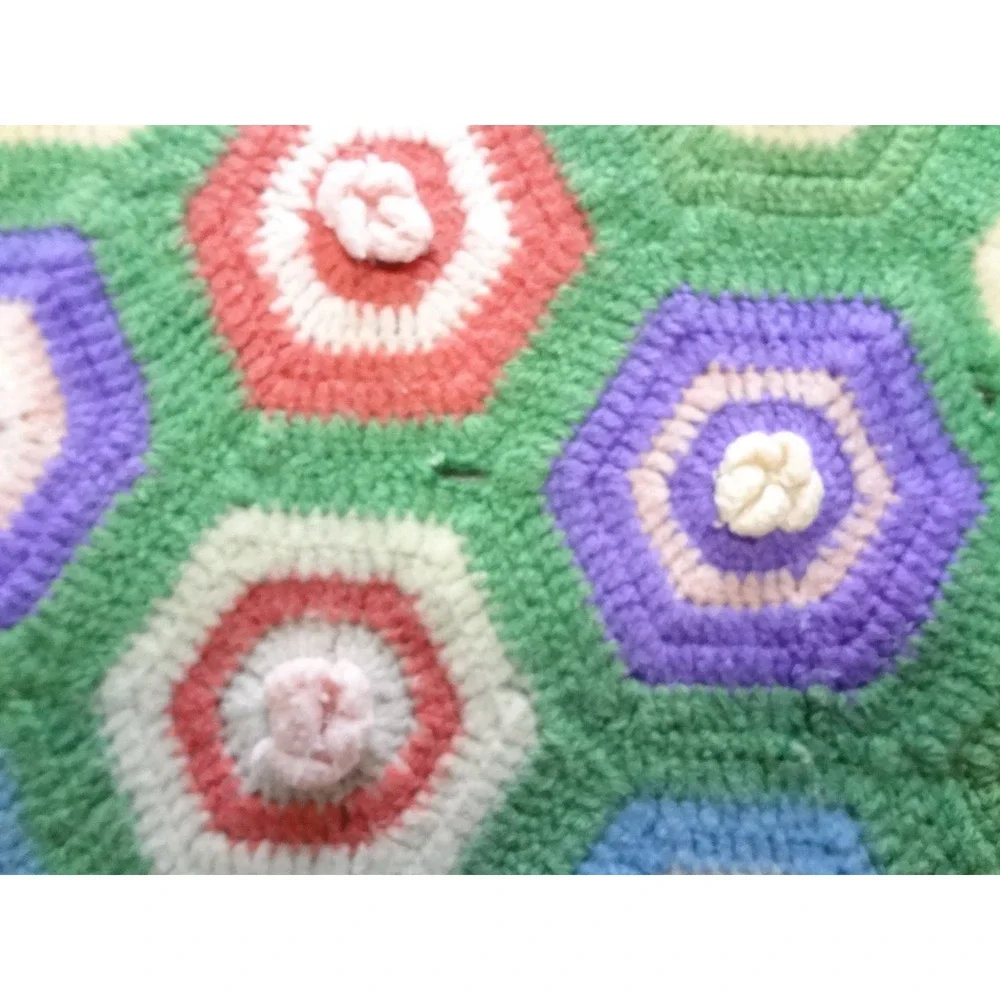 Handmade Crochet Afghan Blanket Green Good Hexagon Popcorn Fringe